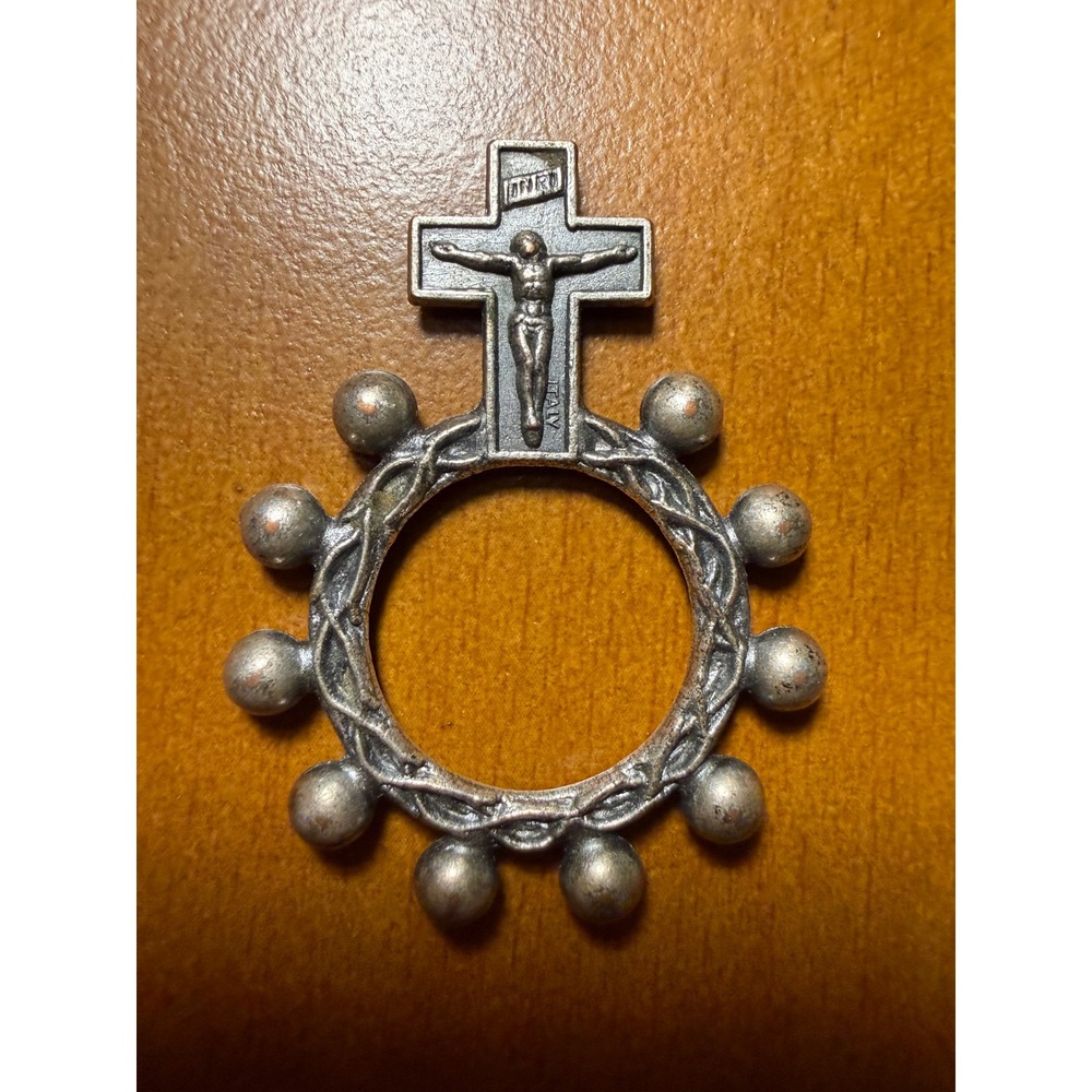 Vintage Italy Silver Tone Metal Finger Rosary Ring Crucifix Crown of Thorns INRI